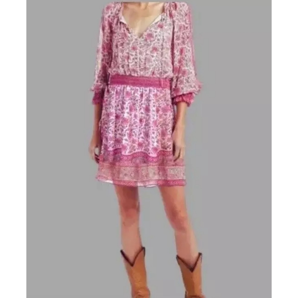 ANTHROPOLOGIE LOVE THE LABEL Floral Pink Boho Dress with Beaded Tassels Small